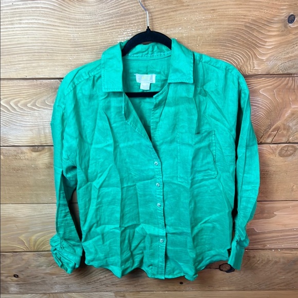 Maeve Anthropologie Womens Green Button Down Shirt Ruched Long Sleeve Md pocket‎ - Picture 1 of 9